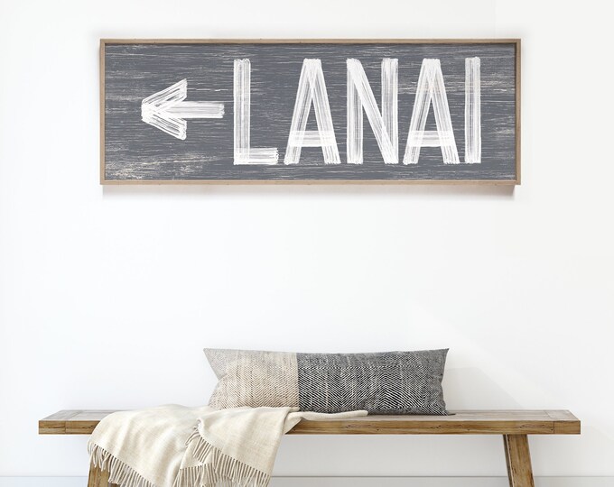 Large horizontal LANAI sign with arrow, vintage lanaidirectional art, slate gray lanai sign, lanai wall decor {pwo}