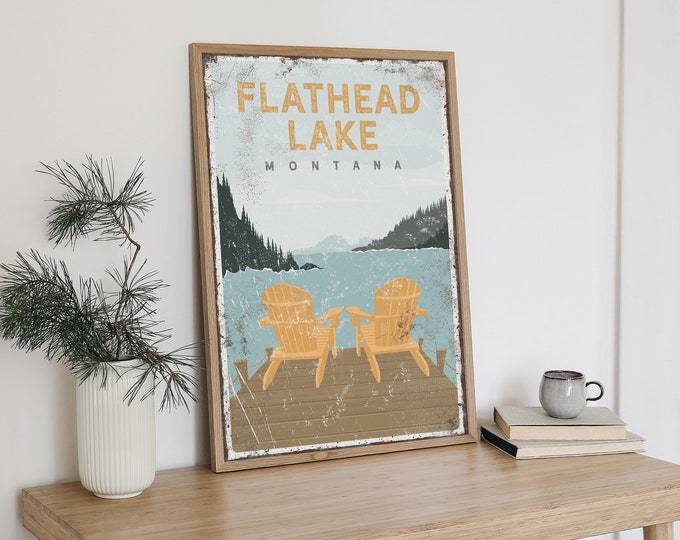 yellow ADIRONDACK CHAIRS poster, personalized Lake Life prints, lake dock with chairs sign, Flathead Lake Montana, vintage lake decor vpl