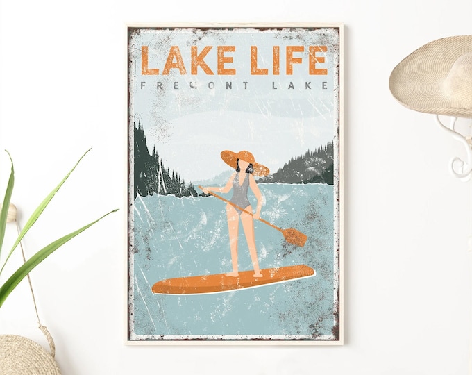 orange LAKE LIFE sign > female paddleboarder poster for above couch, custom lake house decor gift for her, unique Fremont Lake art {vpl}