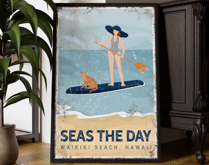 navy PADDLEBOARD sign, woman paddleboarding sign with cat, Waikiki Beach, HI, Hawaiian wall art and decor, vintage beach poster {vpb}