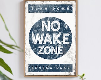 nautical "NO WAKE ZONE" sign > vintage Seneca Lake poster for rustic lake house decor, large framed lakehouse sign, canvas art print {b}