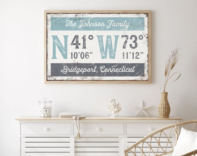 blue gray COORDINATES sign > vintage last name canvas, personalized longitude latitude GPS art print, distressed farmhouse decor {grw}