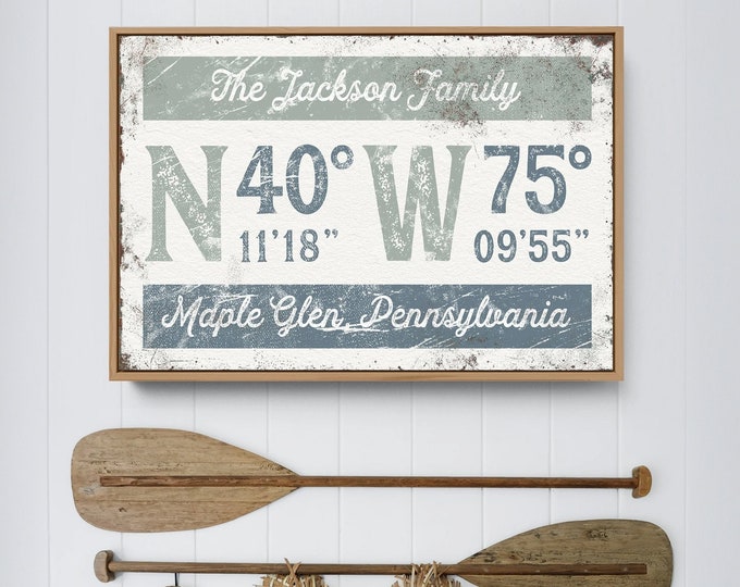 custom COORDINATES sign > personalized sage green & dusty blue last name canvas, longitude latitude GPS wall art, farmhouse art print {grw}