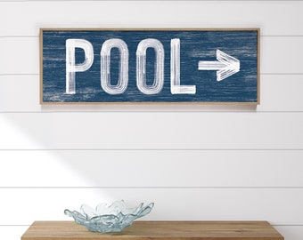 Large POOL sign with arrow, vintage pool directional art, nautical navy blue sign for above couch, pool sign for lanai or patio {pwo}