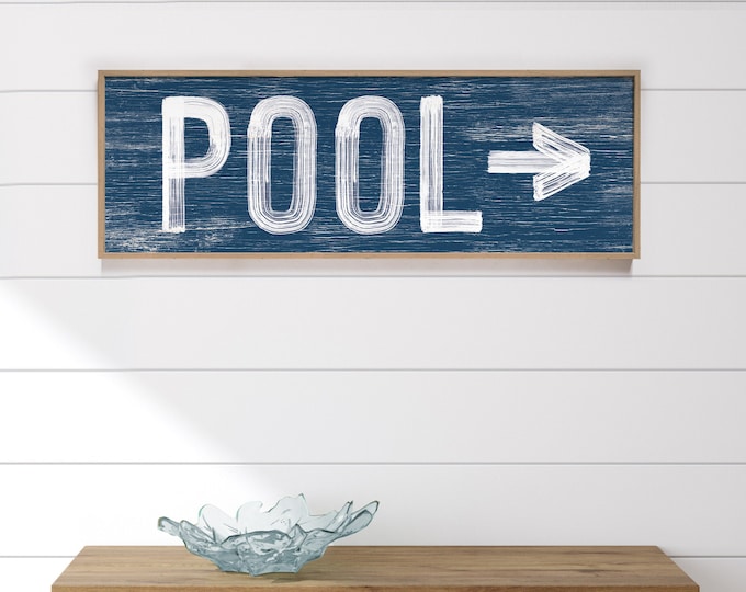 Large POOL sign with arrow, vintage pool directional art, nautical navy blue sign for above couch, pool sign for lanai or patio {pwo}
