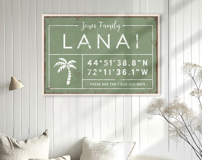 personalized LANAI sign, personalized last name canvas, lanai signs for outdoor, custom coordinates, palm tree wall art {gdb}