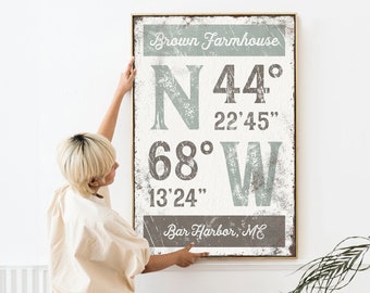 sage farmhouse sign with latitude & longitude > dusty green and taupe brown GPS COORDINATES art print with family name, neutral decor {grw}