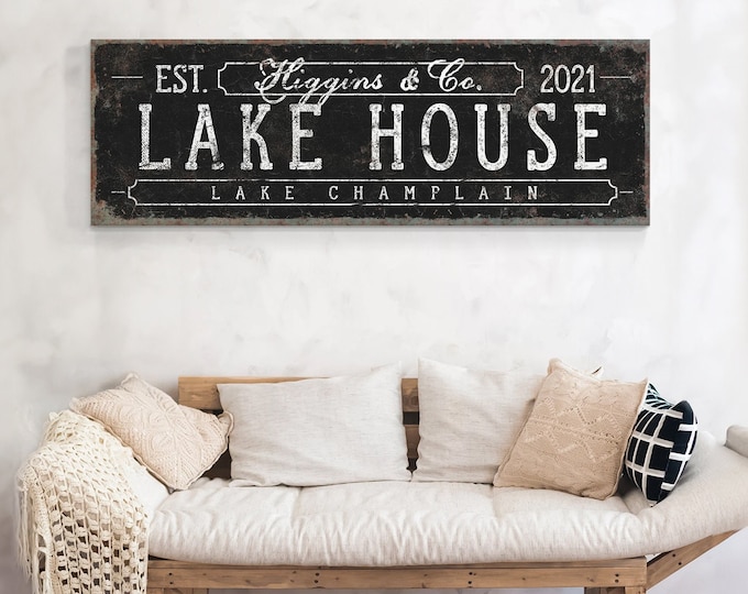 personalized LAKE HOUSE sign • vintage black farmhouse decor wall art gift • faux rusted metal print canvas • Lake Champlain {svb}