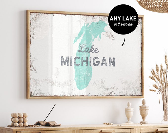 extra large LAKE MICHIGAN sign > seafoam green lake wall art for lake house decor, personalized nautical canvas print for rental {lsw}