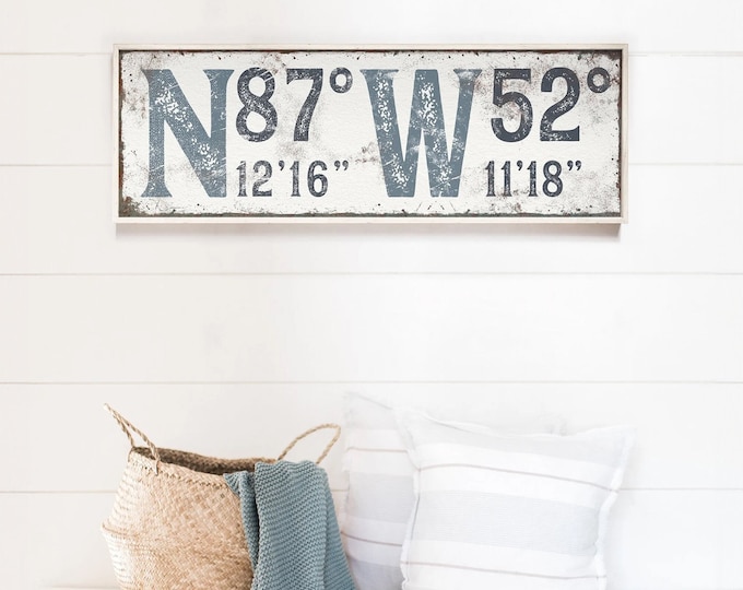 Shades of Blue GPS Coordinates Sign, Harbor Blue and Hale Navy Art, Vintage Canvas for Modern Farmhouse, Latitude & Longitude Wall Art {gsw}