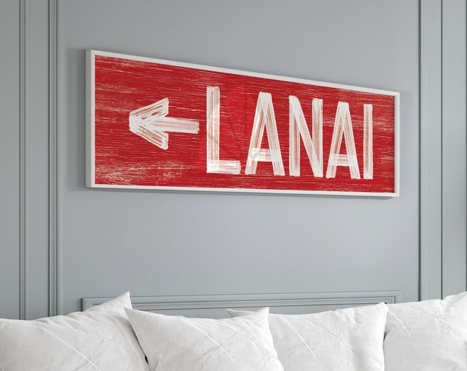 Vintage LANAI sign for above door, bright red lanai sign with left arrow, faux distressed wood art, lanai wall decor {pwo}