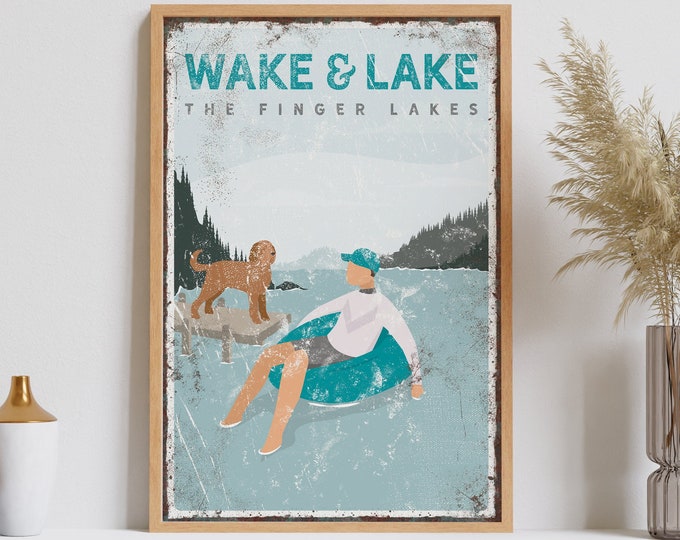 teal Wake and Lake sign, personalized tubing poster with labradoodle dog on a dock, vintage lake decor, vintage finger lakes wall art  {vpl}