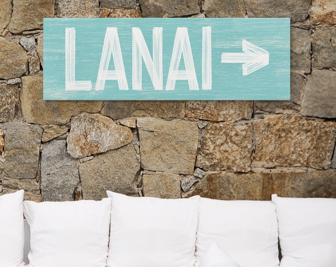 AQUA BLUE LANAI sign for above door, lanai sign with right arrow, faux distressed wood art, lanai wall decor {pwo}