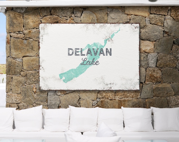 Custom DELAVAN LAKE Poster, Large Framed Canvas Art Print for Lake House Decor, Personalized Seafoam Green Wall Art, Wisconsin Sign {lsw}