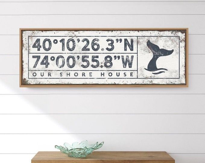 nautical COORDINATES sign with whale tail > personalized beach house decor wall art, beachy canvas art print with custom GPS location {sgw}