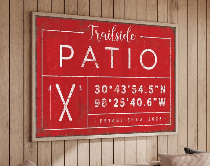 custom TRAILSIDE PATIO canvas sign in red, personalized last name print for farmhouse decor, ski LODGE gps coordinate, rustic wall art {gdo}