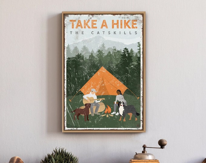 personalized vintage CAMPING POSTER with dogs, with chocolate labrador & bernese mountain dog, custom text, Take a Hike in sample {vpt}