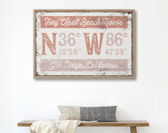 beach house COORDINATES sign > coral pink family name print, beachy longitude latitude GPS wall art, personalized farmhouse art print {grw}