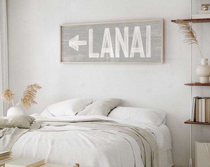 Large LANAI sign with arrow > vintage lanai directional art, stone gray lanai sign, horizontal lanai sign {pwo} Active