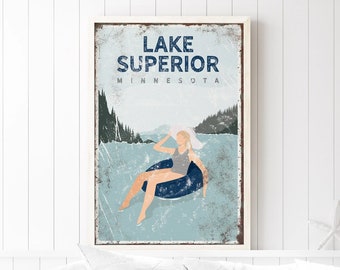 vintage Lake Superior sign > custom coastal art print, vintage tubing poster, navy blue lake house decor, relaxed lake life {VPL}