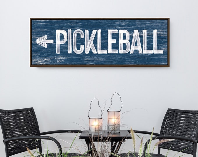 Large PICKLEBALL sign with arrow > pickleball directional art, navy blue sign for above door or above couch, pickleball wall prints {pwo}