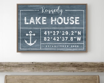 custom LAKE HOUSE sign > personalized last name sign with coordinates for modern lakehouse decor, harbor blue canvas with anchor {gdo}