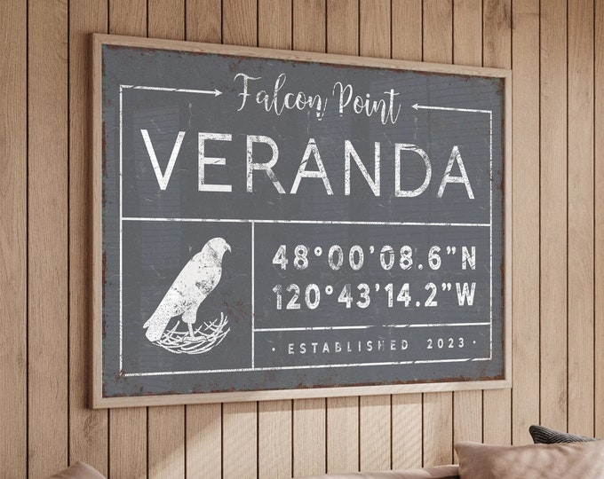 custom COORDINATES SIGN, falcon point veranda sign with falcon icon, country farmhouse home decor, personalized last name canvas print {gdo}