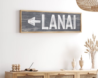 Large horizontal LANAI sign with arrow, vintage lanaidirectional art, slate gray lanai sign, lanai wall decor {pwo}