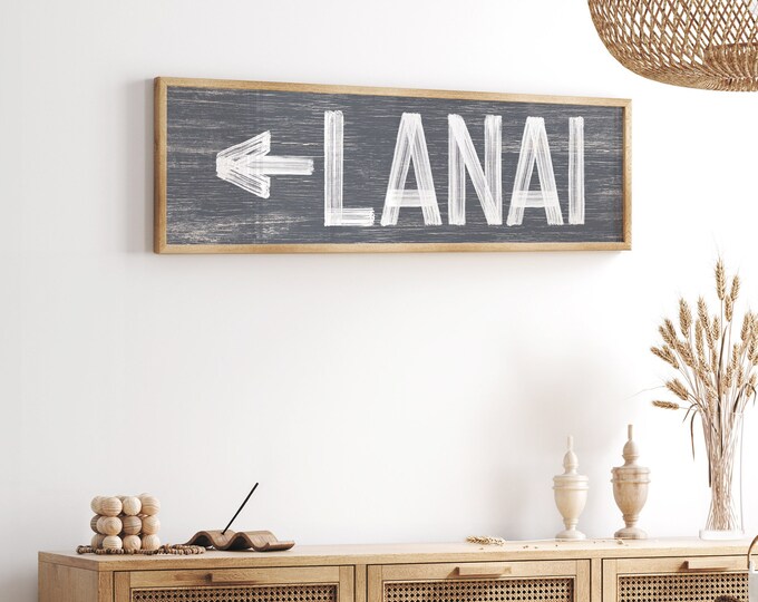 Large horizontal LANAI sign with arrow, vintage lanaidirectional art, slate gray lanai sign, lanai wall decor {pwo}
