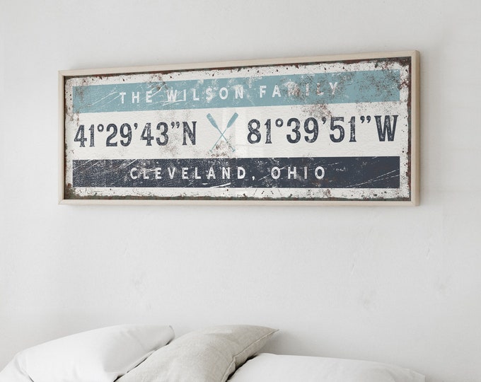 nautical COORDINATES sign > vintage art print old, boat oars, gray blue lake house gift, personalized longitude latitude GPS wall art {giw}