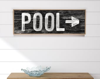 vintage black POOL sign with arrow > black and white swimming pool art, faux weathered wood, distressed swim wall art for above couch {pwb}
