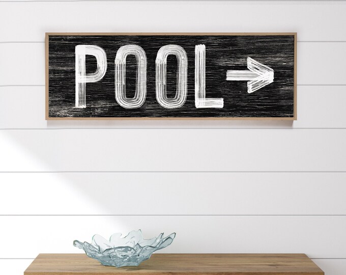 vintage black POOL sign with arrow > black and white swimming pool art, faux weathered wood, distressed swim wall art for above couch {pwb}
