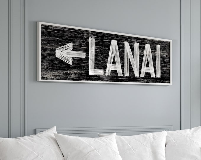 Vintage LANAI sign for above door, black and white lanai sign with left arrow, faux distressed wood art, lanai wall decor {pwo}
