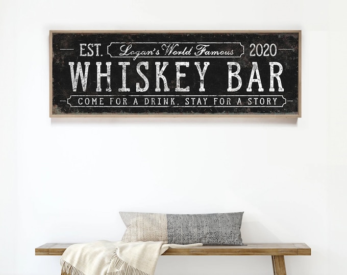 black WHISKEY BAR sign • vintage personalized farmhouse decor • home bar cart wall art gift • large faux metal print canvas {svb}