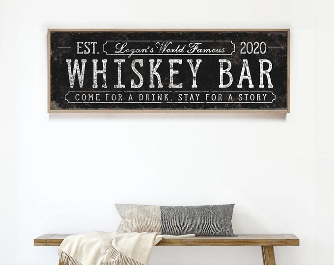 black WHISKEY BAR sign • vintage personalized farmhouse decor • home bar cart wall art gift • large faux metal print canvas {svb}