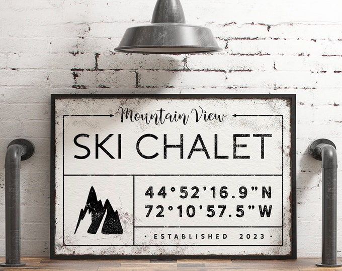 vintage SKI CHALET sign, personalized last name canvas, winter wall art, custom coordinates, ski mountain wall art, vintage farmhouse {gdw}