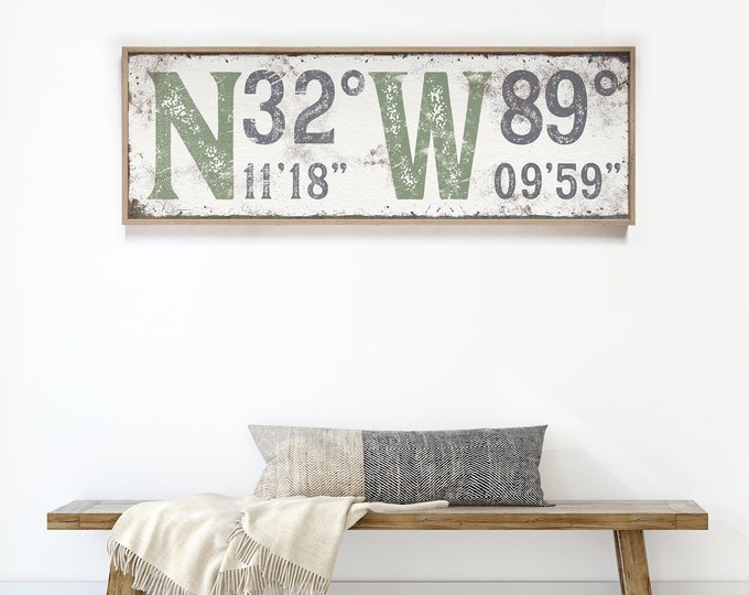 Custom Latitude & Longitude Canvas Sign in Green and Slate Gray, Faux Rusty Metal Sign for Farmhouse Decor, GPS Coordinates Wall Art {scw}