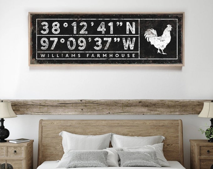 black FARMHOUSE sign > rooster wall art, vintage coordinates farm house decor, personalized chicken art with latitude & longitude {sgb}