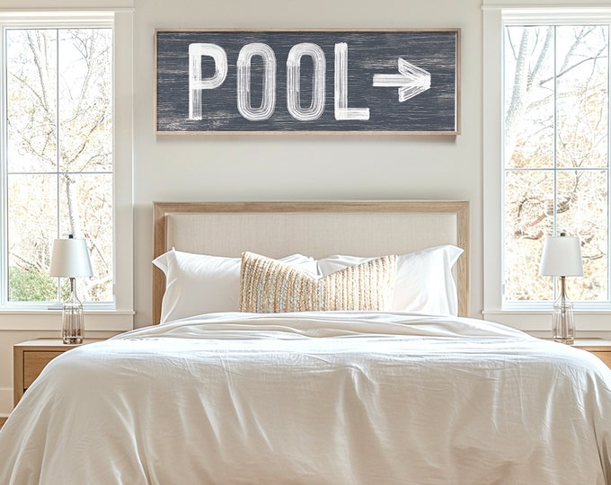 Large POOL sign with arrow > vintage pool directional art, hale navy sign for above door or above couch, gift for new homeowners {pwo}