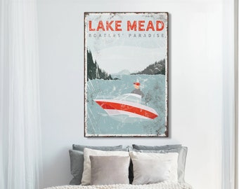 vintage boat canvas art > personalized boating on Lake Mead sign, custom nautical poster with motorboat, modern lake house decor {VPLMMLRR}