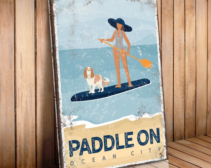 vintage OCEAN CITY SIGN, woman on paddleboard with cavalier king charles spaniel dog, custom beach house wall art, gift for dog lover {vpb}