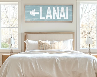 Vintage LANAI sign for above door, tide blue lanai sign with left arrow, faux distressed wood art, lanai wall decor {pwo}