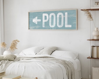 Large POOL sign with arrow, vintage pool directional art, tide blue pool sign for above bed, faux weathered wood pool sign for lanai {pwo}