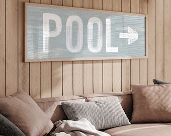 Large POOL sign with arrow, vintage pool directional art, smoke gray pool sign for above couch, pool sign for lanai or outdoor patio {pwo}