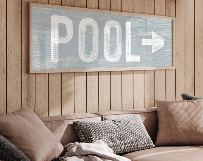 Large POOL sign with arrow, vintage pool directional art, smoke gray pool sign for above couch, pool sign for lanai or outdoor patio {pwo}