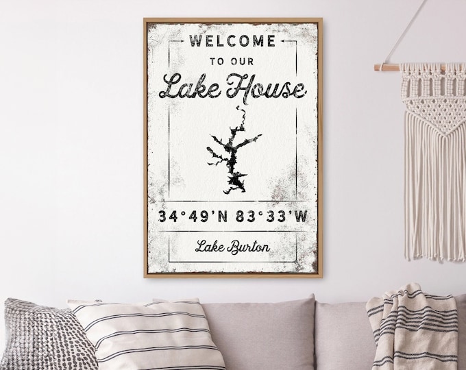 custom LAKE HOUSE sign > personalized boho canvas with coordinates, rustic farmhouse art print for lakehouse decor (Lake Burton shown) {lgw}
