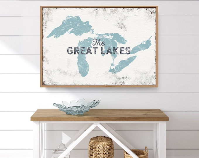 The GREAT LAKES sign > personalized framed canvas print for lakehouse decor, large nautical wall art with custom lake illustration {lsw}