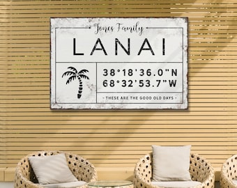 personalized LANAI sign, personalized last name canvas, lanai signs for outdoor, custom coordinates, palm tree wall art {gdw}