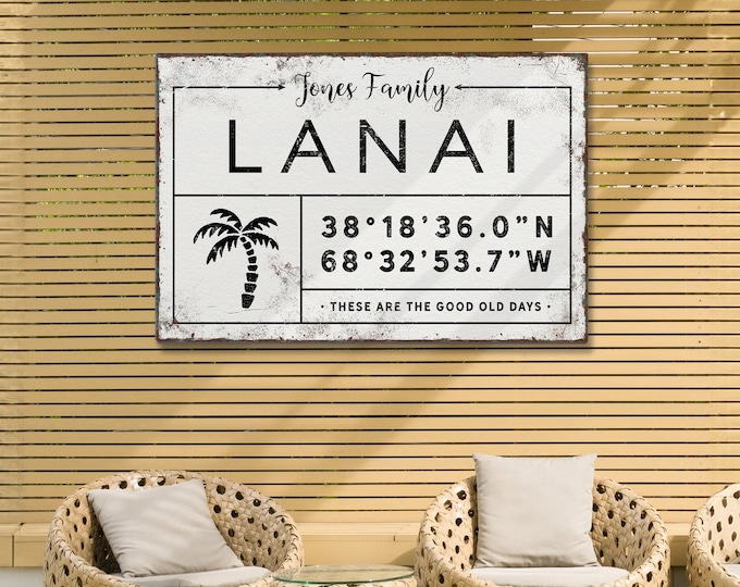 personalized LANAI sign, personalized last name canvas, lanai signs for outdoor, custom coordinates, palm tree wall art {gdw}