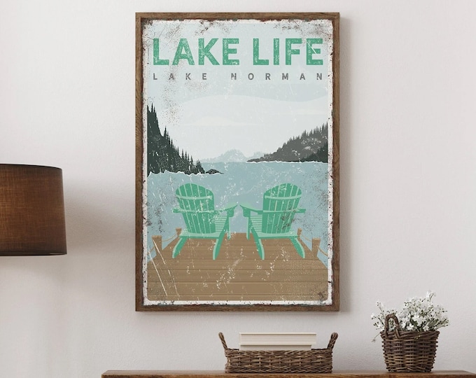 retro ADIRONDACK CHAIRS sign, personalized Lake Life canvas print, lake dock with chairs, Lake Norman North Carolina, vintage lake decor vpl